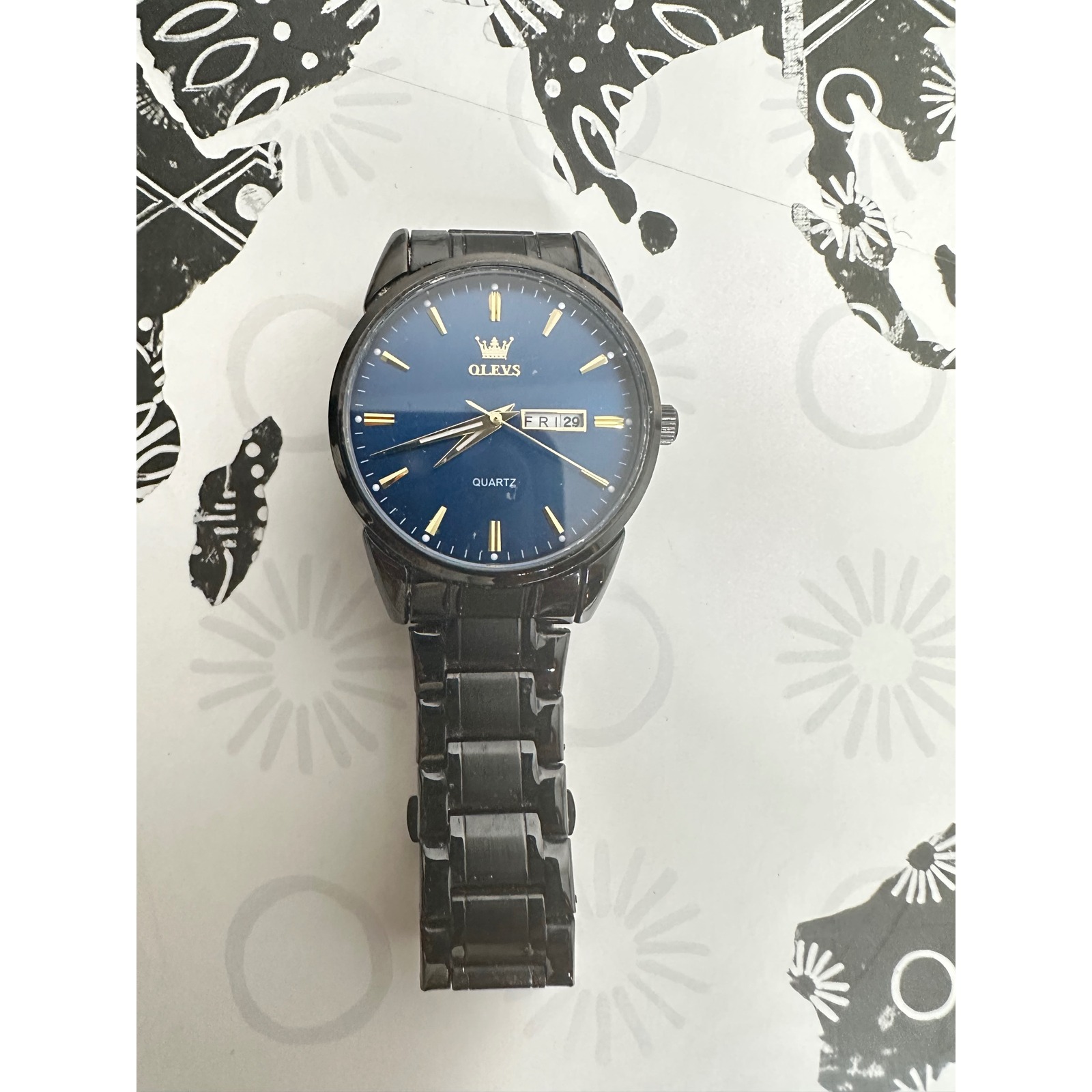Olevs Mens Quartz Watch Blue Dial Stainless Steel Black Band Day Date Wristwatch